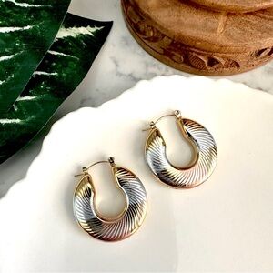 2/$30🌵 Tricolor Gold Copper Silver Textured Hoops Earrings Thick Boho Gift NEW